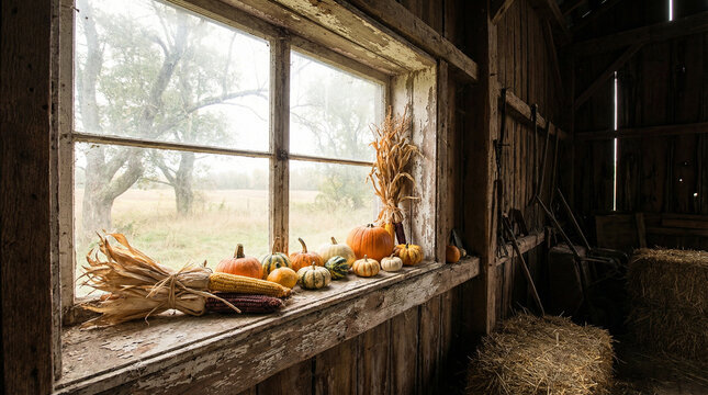 Rustic Barn Window with Fall Harvest Display. Wide shot of weathered wooden barn window sill decorated with pumpkins and dried corn, soft natural daylight streaming in