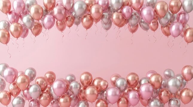 Festive background with pink and silver balloons arranged as a border for celebration space