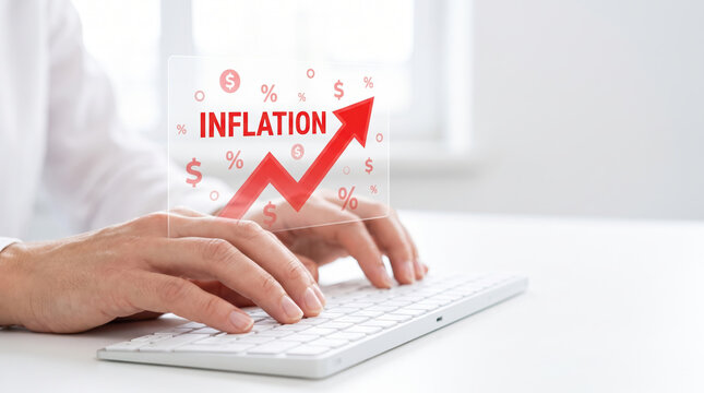 Red inflation arrow showing economy growth concept above computer keyboard. Financial crisis recession. stock price increase falling, bankruptcy risk loss, chart graph statistic