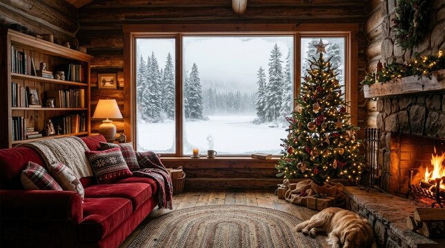 Cozy rustic log cabin living room with christmas tree and fireplace during snowy winter