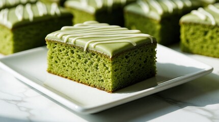 Fototapeta premium Delicious matcha green tea cake slice on white plate. Tasty organic dessert with green sponge, white icing glaze. Homemade sweet pastry served on marble table. Healthy antioxidant snack for tea time