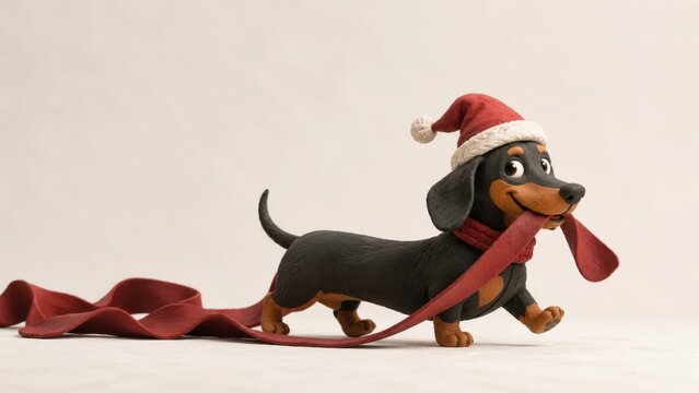 Playful clay dachshund in Santa hat carrying red ribbon on a bright Christmas background