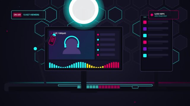 Abstract digital interface representing a live streaming gaming broadcast setup with neon graphical elements.