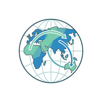 Geometric globe icon with global connection arrows isolated on a