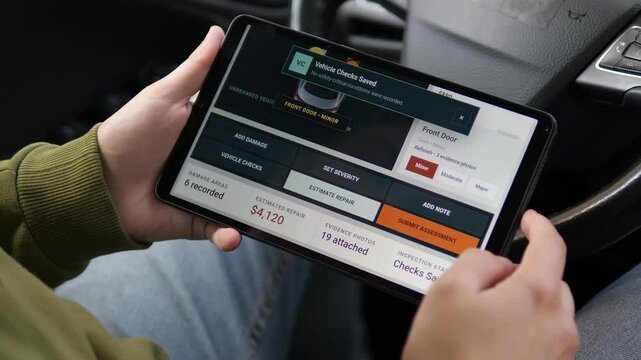 Digital vehicle inspection confirms safety checks and repair data on a tablet, showing modern auto damage assessment, insurance workflow and mobile claims technology.