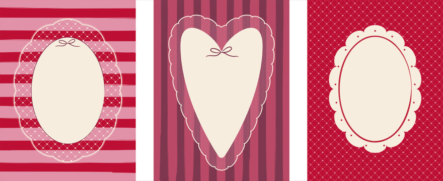 Three Valentine card backgrounds with lace frames, hearts and pink stripes. Ideal for romantic greetings, invitations and love notes.