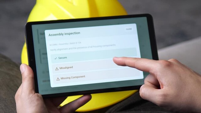 Worker records a missing component during digital manufacturing inspection, highlighting mobile quality control, defect tracking and smart factory workflows.