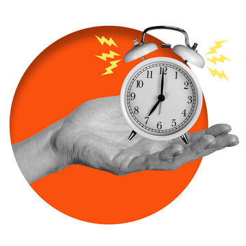 A hand holds a clock that shows the time. The clock has alarms ringing. The background is transparent and plain. This scene shows an emphasis on time management.