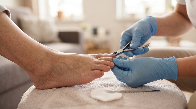 Podiatrist trimming toenails of elderly patient at home, senior foot care service, close up