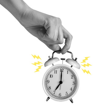 A hand holds the top of an alarm clock with a transparent background. The clock shows time close to twelve o'clock and has sound effects indicated by lines around it.