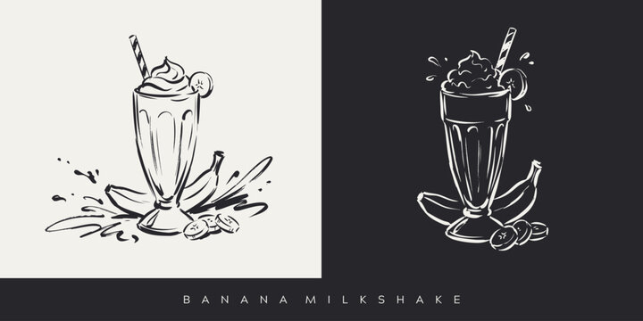 Hand drawn banana milkshake sketch with whipped cream straw and fruit on black and white backgrounds