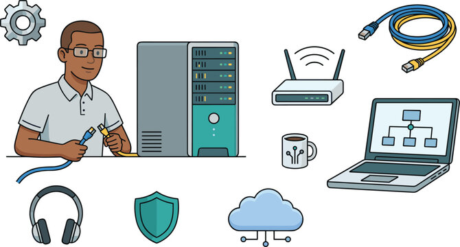 IT Technician Icon Set with Network Admin Character, Server, Router, Cable, Laptop, Shield, Cloud, and Gear for Technology Designs