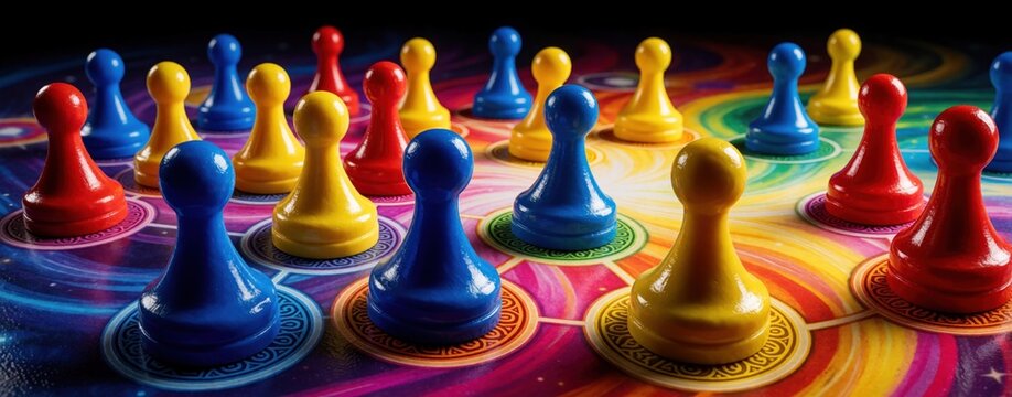 Colorful plastic game pieces stand on vibrant swirling board. Many red blue, yellow pawns arranged on abstract colorful pattern. Fun tabletop game pieces create dynamic movement, strategy for family
