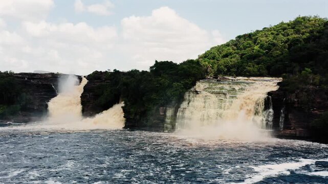 Drone shot of Salto El Hacha waterfall in Canaima lagoon Venezuela