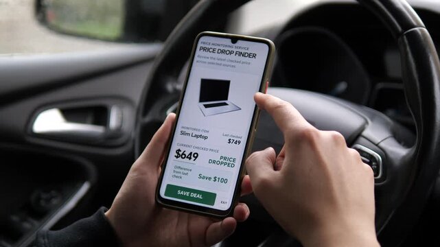 Consumer checks a laptop price drop on a smartphone, highlighting smart shopping, digital price tracking, online deals and growing demand for cost-saving technology.