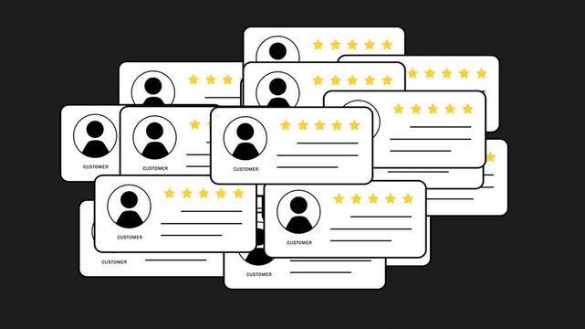 Multiple review cards stack sequentially with text, five stars, and user avatars. Ideal for testimonial displays, feedback systems, and UI design