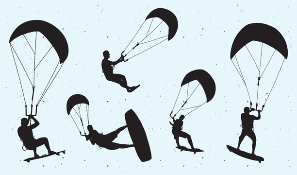 Kitesurfing silhouettes vector depict athletes riding waves with wind power