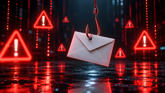 Email phishing concept featuring a white envelope on a metal fishing hook against glowing red warning signs for cybersecurity awareness