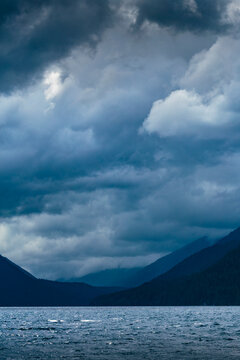 Dark clouds and storm over Lake Crescent, Olympic National Park, USA