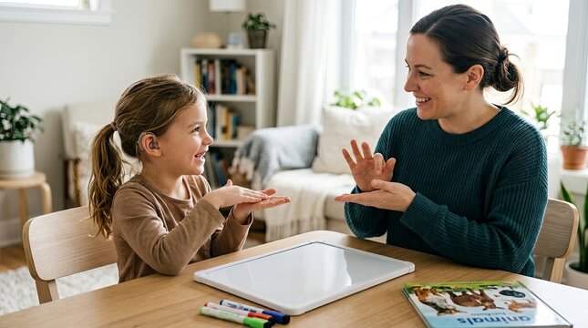 Smiling mother and young daughter with hearing aid communicating through sign language at home