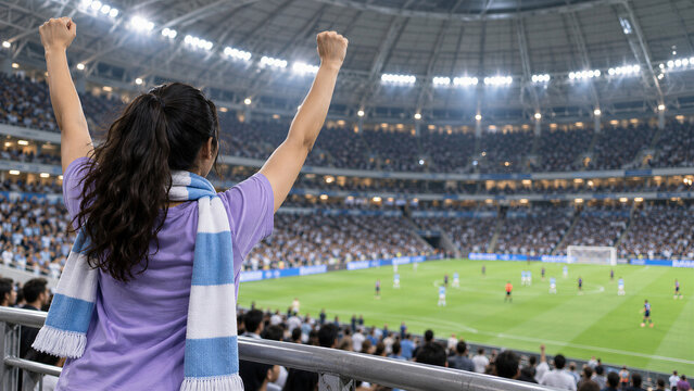 Soccer fan: young woman wearing blue-and-white scarf, cheering with raised arms in packed football stadium. Live soccer match on field in front of large crowd. Sports fandom and team spirit