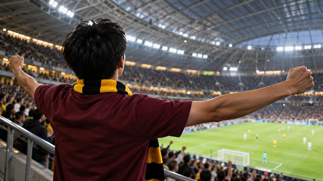 Soccer fan wearing black-and-yellow scarf rejoices at goal. Football match and spectator crowd. Live sports, team support and fan culture. Victory celebration and sporting event