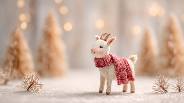 Adorable baby goat figurine with cozy red scarf surrounded by festive winter decor