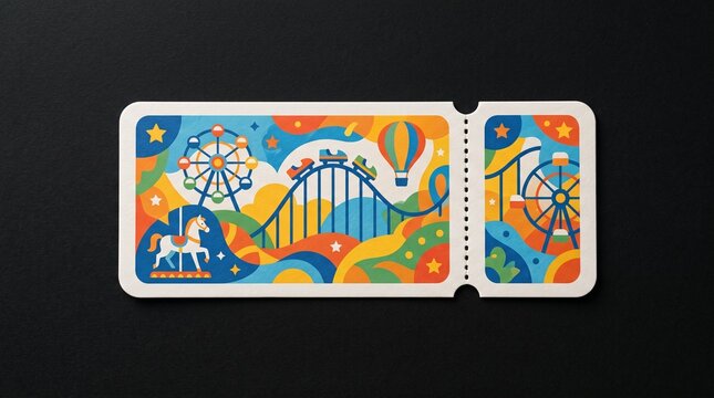 A colorful carnival amusement park ticket mockup on dark background, ideal for festival entry, party passes, event admissions, and promotional vouchers.