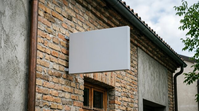 Blank White Rectangular Outdoor Signage Mockup Mounted on a Vintage Brick Wall