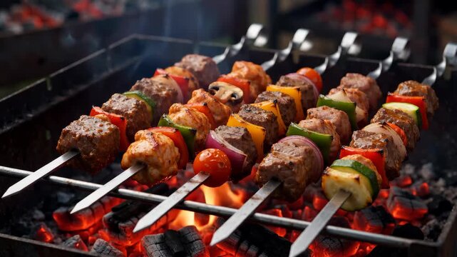 Juicy meat and vegetable skewers grilling over hot charcoal.