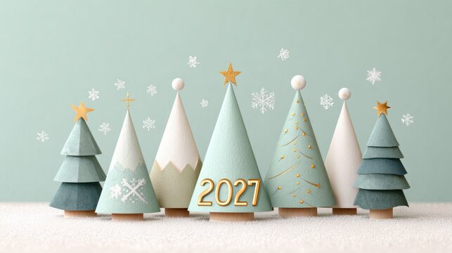 Festive 2027 celebration: stylish christmas trees with decorative ornaments and snowflakes