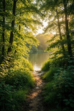 Narrow dirt path leads through dense green forest towards calm lake. Sun rays shine through rich tree leaves in summer park. Scenic view of quiet water, woodland landscape. Peaceful nature scenery