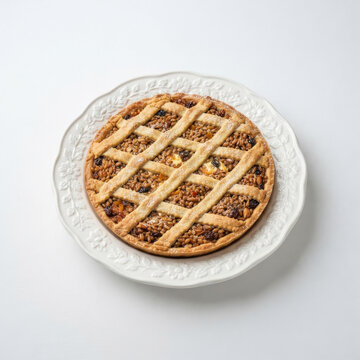 Candied fruit and nut tart on a decorated plate with a white background - Pastiera di Grano