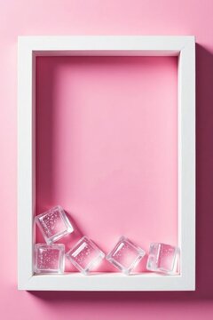 A minimalist composition featuring translucent ice cubes arranged within a pristine white frame against a soft pink backdrop