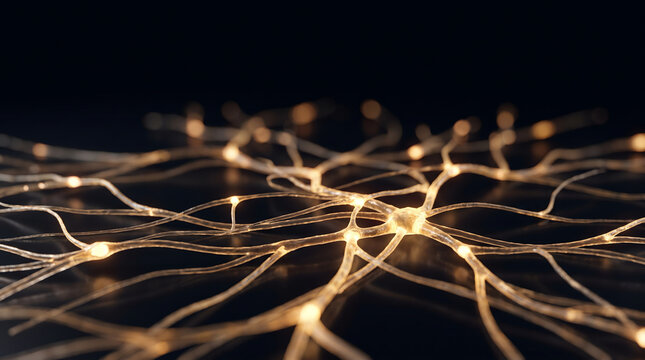 Glowing neural pathways and synapse network in amber light
