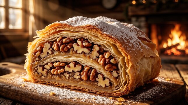 Slice of traditional Engadine nut cake Nusstorte on wooden board. Layered walnut strudel with powdered sugar sits near warm fireplace. Sweet pastry dessert for cozy afternoon tea. Delicious baked