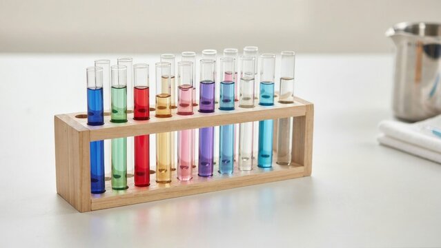 Test Tubes, a Vibrant Collection of Colorful Liquids in Laboratory Glassware, Arranged in a Wooden Rack