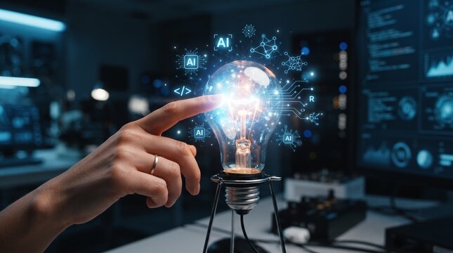 hand touching glowing light bulb with artificial intelligence icons and code