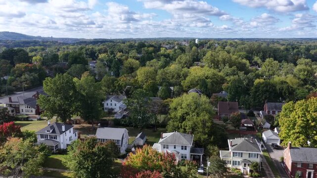 View over a dense tree canopy with scattered brick and white houses toward a white water tower and a distant ridge in Lynchburg, Virginia, USA. Aerial view