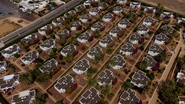 An aerial view of a residential area with numerous white houses each with a black roof surrounded by palm trees and other greenery