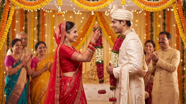 Indian bride and groom exchanging flower garlands during the varmala ceremony at a decorated wedding stage with smiling family
