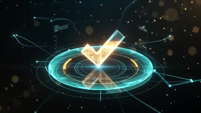 digital checkmark icon hologram hud sci fi interface cyber security symbol
