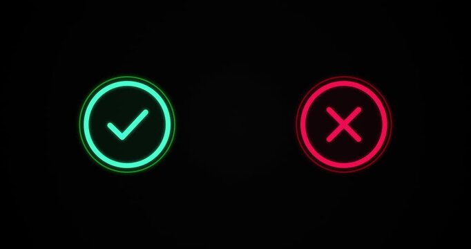Right and wrong answer icons, check mark and cross in green and red for quiz, e-learning and approval explainers, yes-or-no choices and test results, motion graphics animation, seamless 4K loop