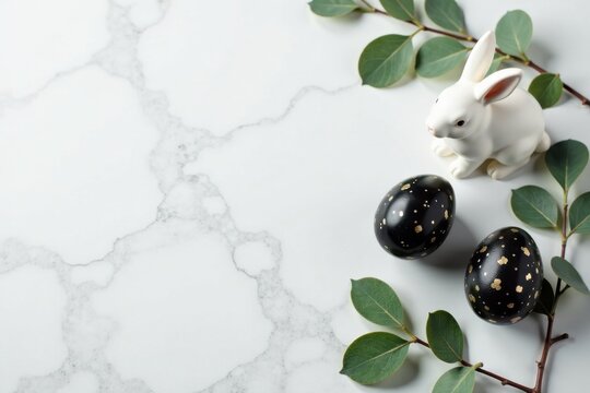 Elegant Easter Decor White Rabbit Figurine, Black and Gold Speckled Eggs, and Lush Greenery on Marble Surface