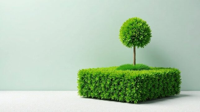 A Small Green Tree on a Lush Green Square Base Against a Pale Green Background