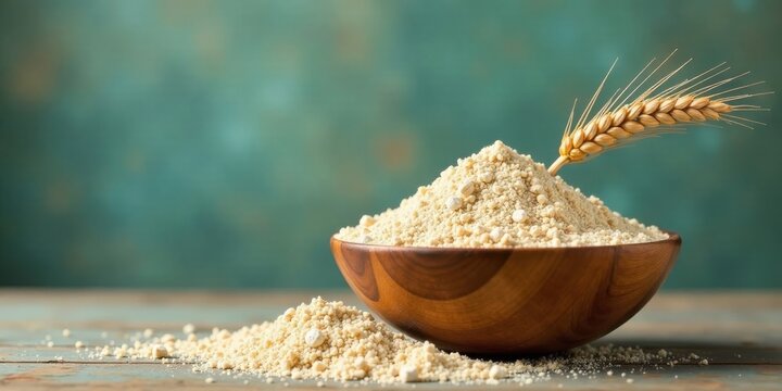 Wooden bowl filled with unbleached grain flour and a single wheat stalk resting on a rustic wooden surface against a muted teal background