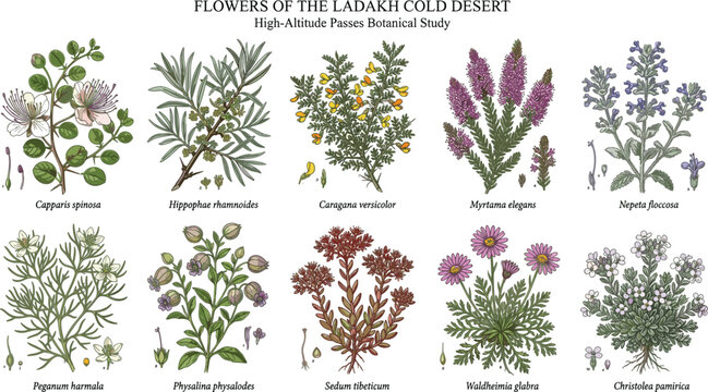 Flowers of ladakh cold desert high altitude passes capparis spinosa hippophae rhamnoides botanical study chart