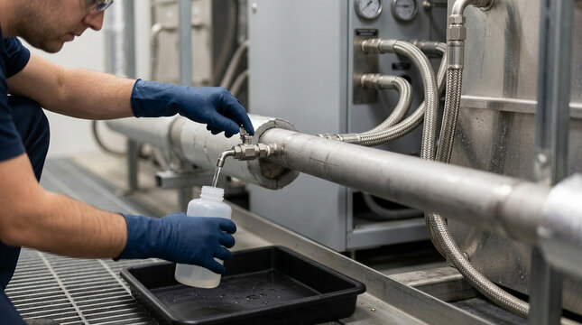 Technician taking coolant liquid sample from server rack cooling pipe in data center. Maintenance of liquid cooling system for high density computing and artificial intelligence server.