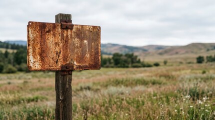 Fototapeta premium Old Blank Rusty Metal Sign on Wooden Post in a Rural Landscape with Mountains