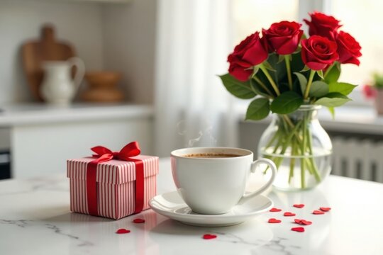 Romantic morning coffee with a thoughtful gift and a bouquet of red roses